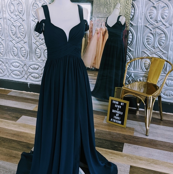 Double Strap Chiffon Gown w/ Slit - Picture 1 of 2